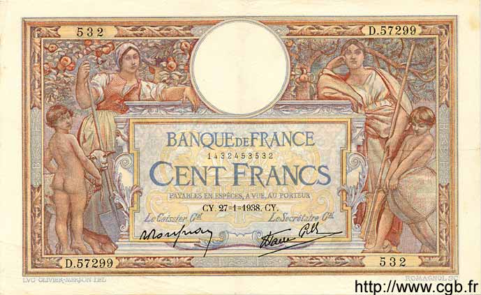 100 Francs LUC OLIVIER MERSON type modifié FRANCE  1938 F.25.09 TTB+
