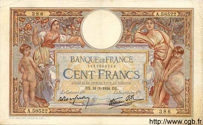 100 Francs LUC OLIVIER MERSON type modifié FRANCE  1938 F.25.14 TTB