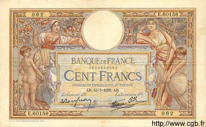 100 Francs LUC OLIVIER MERSON type modifié FRANCE  1938 F.25.26 TTB