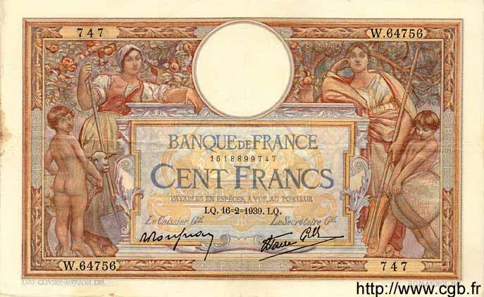100 Francs LUC OLIVIER MERSON type modifié FRANCE  1939 F.25.43 pr.SUP
