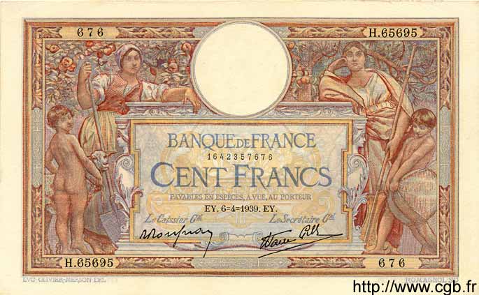100 Francs LUC OLIVIER MERSON type modifié FRANCE  1939 F.25.45 pr.SPL