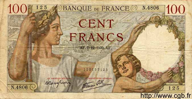 100 Francs SULLY FRANCE  1939 F.26.17 TB+