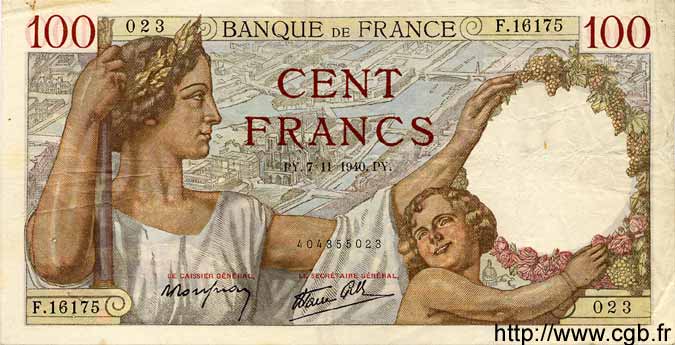 100 Francs SULLY FRANCE  1940 F.26.40 TB à TTB