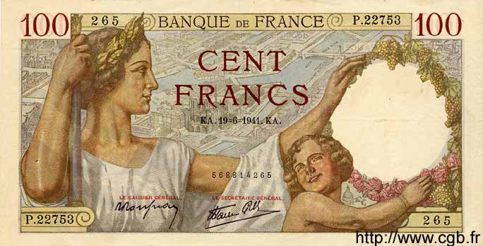100 Francs SULLY FRANCE  1941 F.26.54 SUP