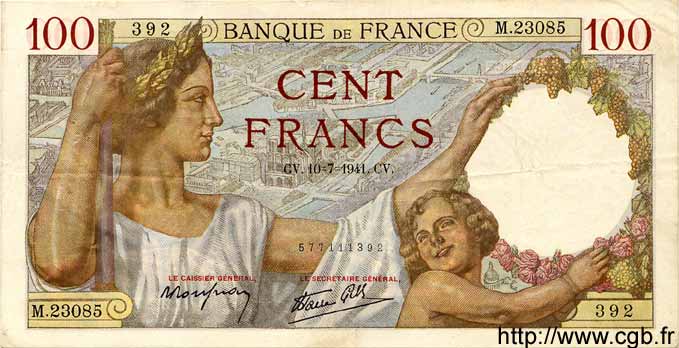 100 Francs SULLY FRANCE  1941 F.26.55 TTB+