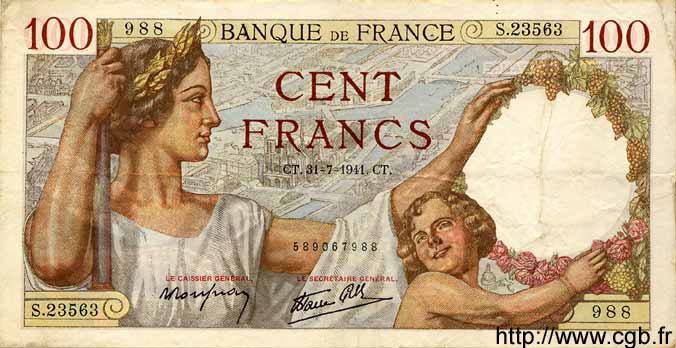 100 Francs SULLY FRANCE  1941 F.26.56 TTB
