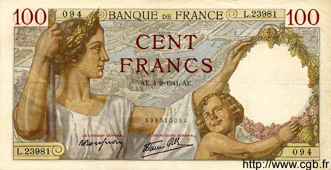 100 Francs SULLY FRANCE  1941 F.26.57 TTB à SUP