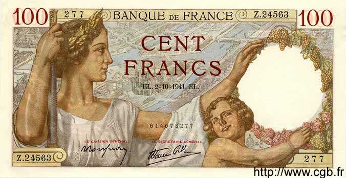 100 Francs SULLY FRANCE  1941 F.26.58 NEUF