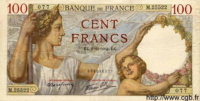 100 Francs SULLY FRANCE  1941 F.26.60 TTB+