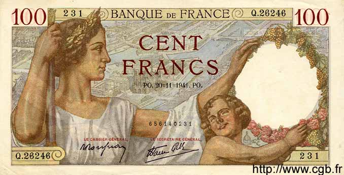 100 Francs SULLY FRANCE  1941 F.26.61 SUP+