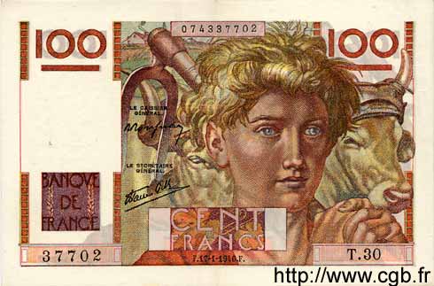 100 Francs JEUNE PAYSAN FRANCE  1946 F.28.02 SUP