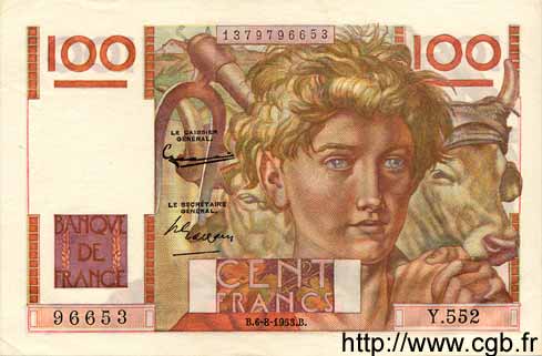 100 Francs JEUNE PAYSAN FRANCE  1953 F.28.38 pr.SPL