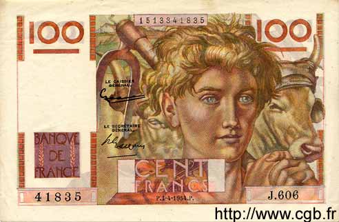 100 Francs JEUNE PAYSAN FRANCE  1954 F.28.43a SUP