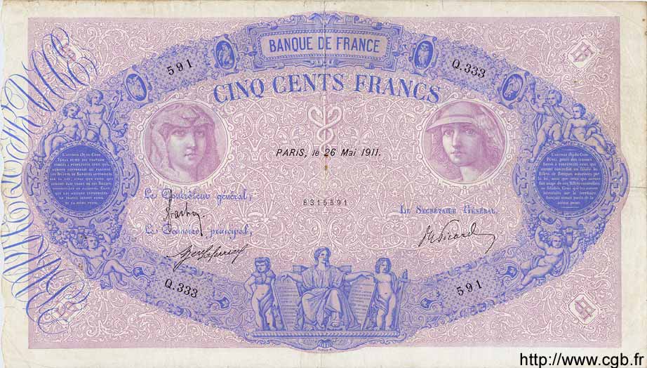 500 Francs BLEU ET ROSE FRANCE  1911 F.30.19 TB
