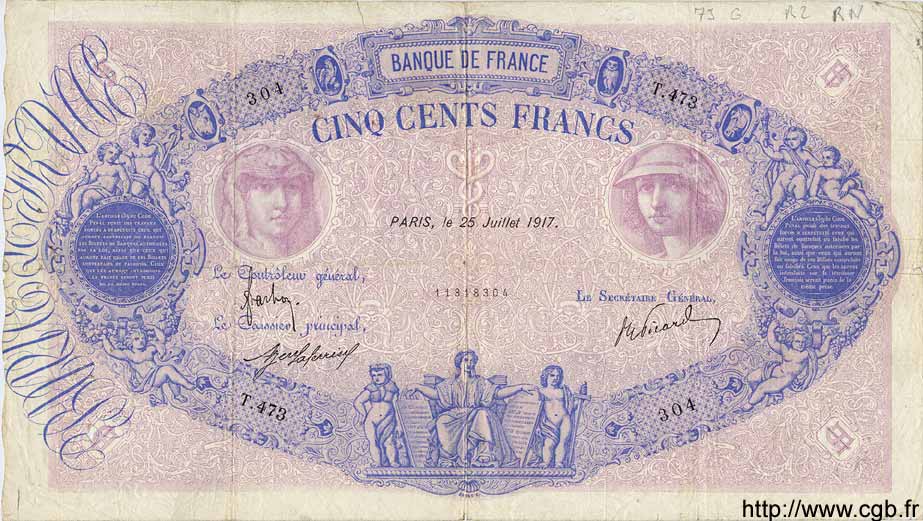 500 Francs BLEU ET ROSE FRANCE  1917 F.30.23 TB