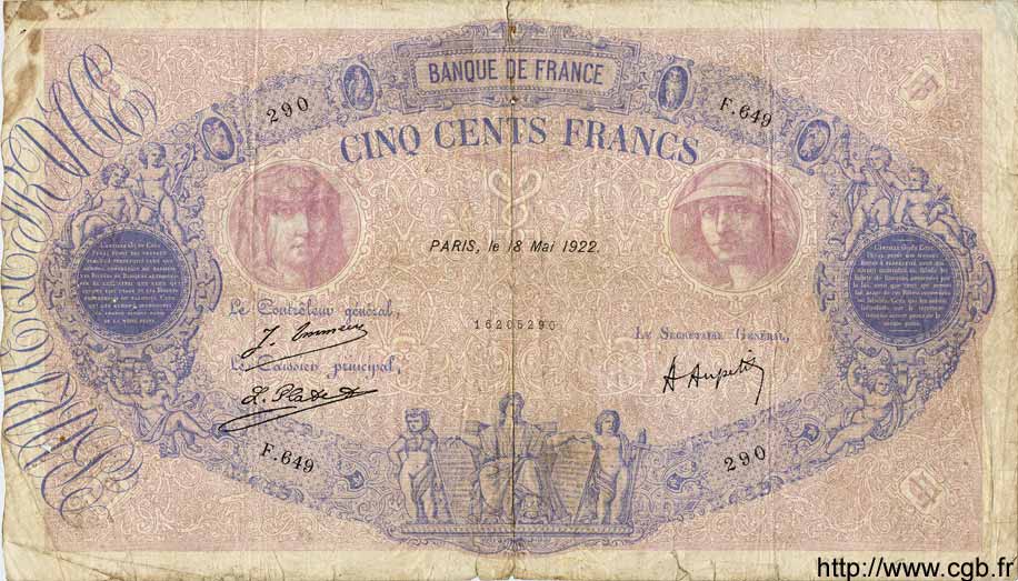 500 Francs BLEU ET ROSE FRANCE  1922 F.30.26 B+