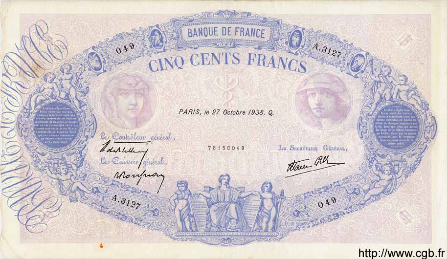 500 Francs BLEU ET ROSE modifié FRANCE  1938 F.31.21 TTB