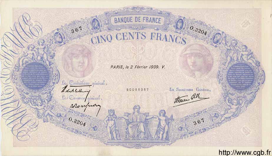 500 Francs BLEU ET ROSE modifié FRANCE  1939 F.31.24 TTB+