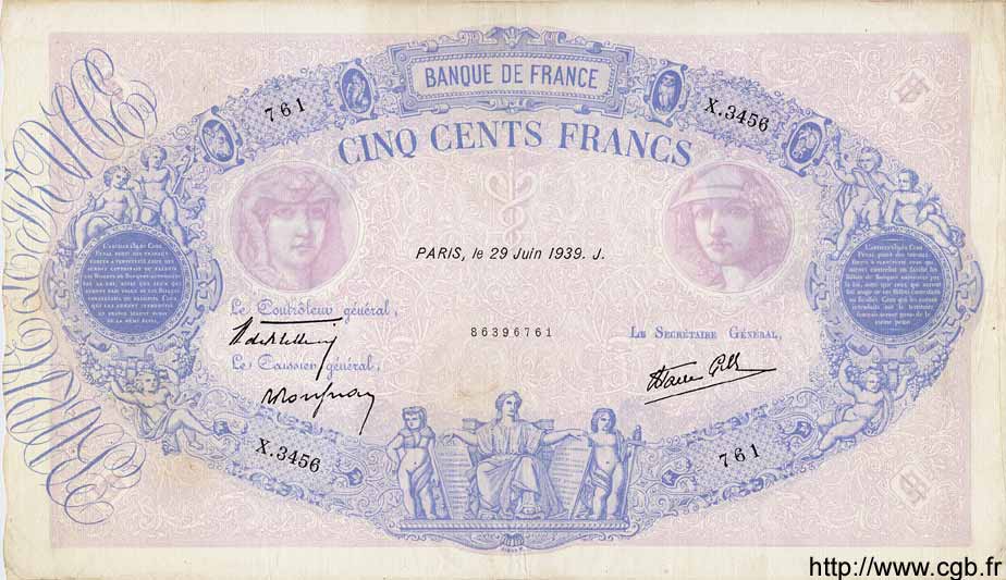 500 Francs BLEU ET ROSE modifié FRANCE  1939 F.31.35 TB+