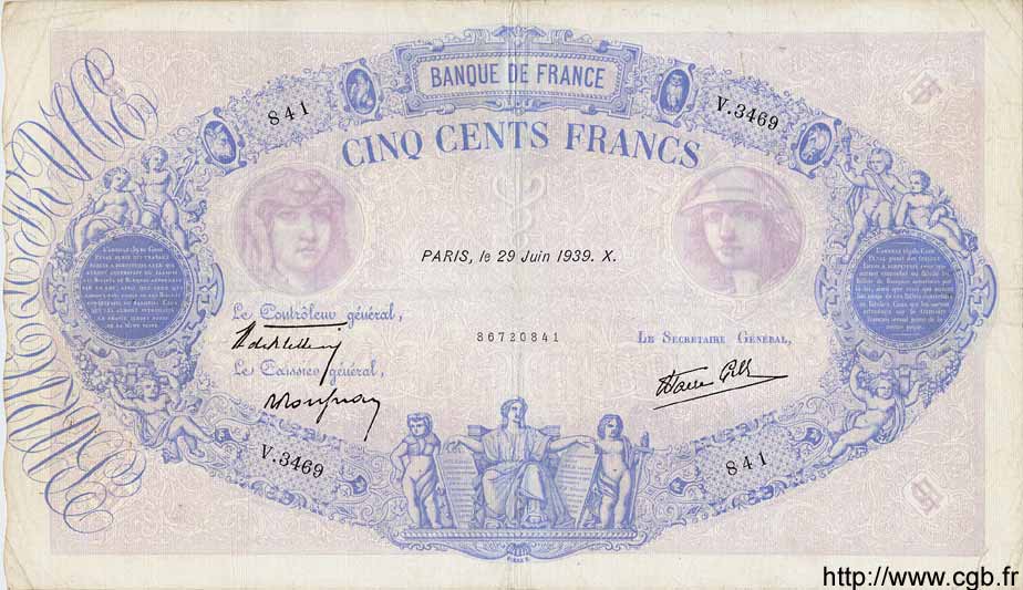 500 Francs BLEU ET ROSE modifié FRANCE  1939 F.31.35 TB