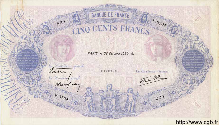 500 Francs BLEU ET ROSE modifié FRANCE  1939 F.31.45 pr.SUP