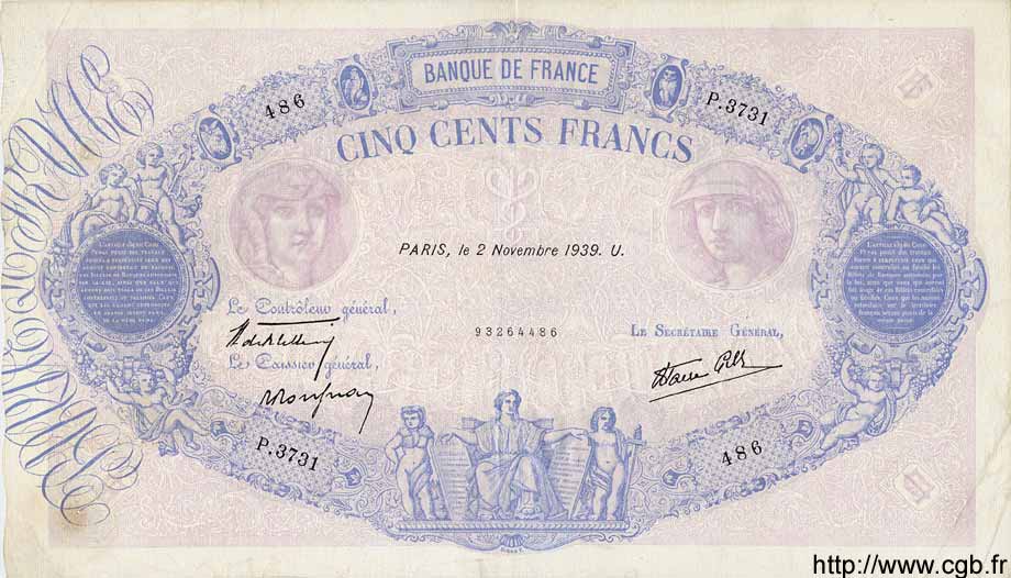 500 Francs BLEU ET ROSE modifié FRANCE  1939 F.31.46 TB+