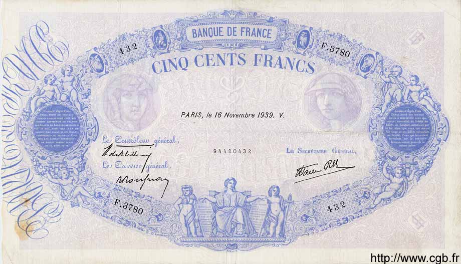 500 Francs BLEU ET ROSE modifié FRANCE  1939 F.31.48 TB+