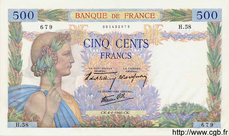 500 Francs LA PAIX FRANCE  1940 F.32.01 SPL