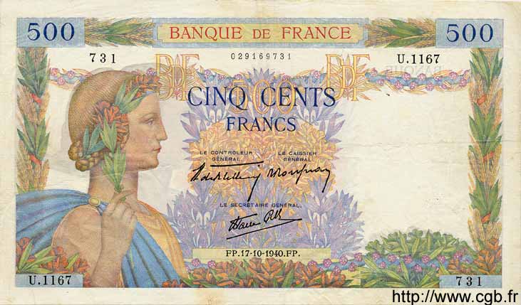 500 Francs LA PAIX FRANCE  1940 F.32.07 TTB