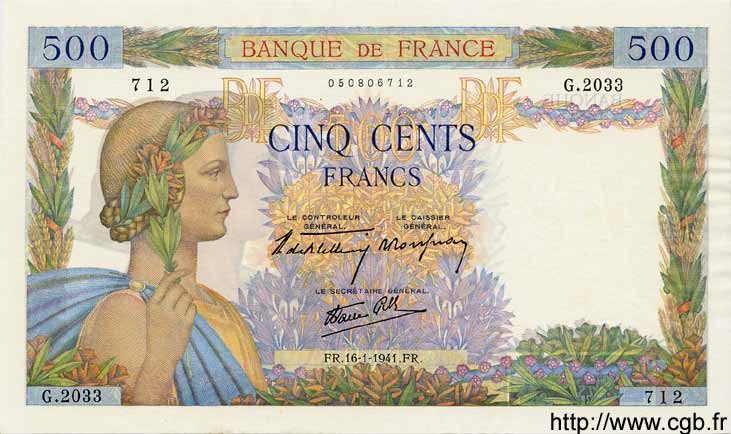 500 Francs LA PAIX FRANCE  1941 F.32.13 pr.NEUF