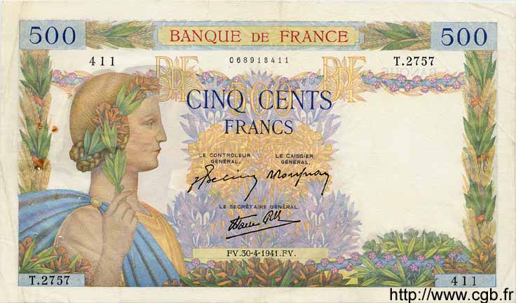 500 Francs LA PAIX FRANCE  1941 F.32.15 TTB