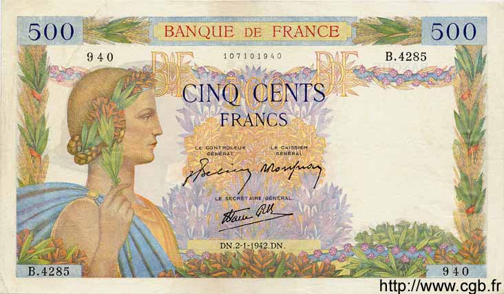 500 Francs LA PAIX FRANCIA  1942 F.32.26 MBC+ a EBC
