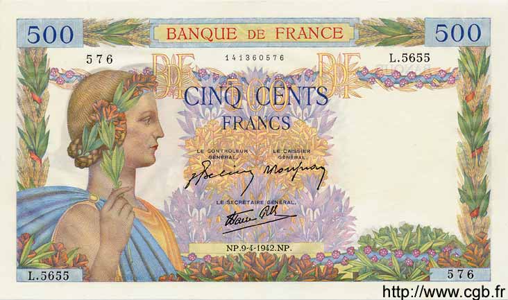 500 Francs LA PAIX FRANCE 1942 F.32.34 NEUF