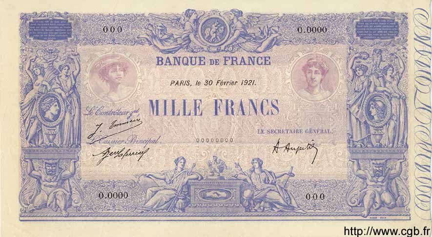 1000 Francs BLEU ET ROSE FRANCE  1921 F.36.37S pr.NEUF