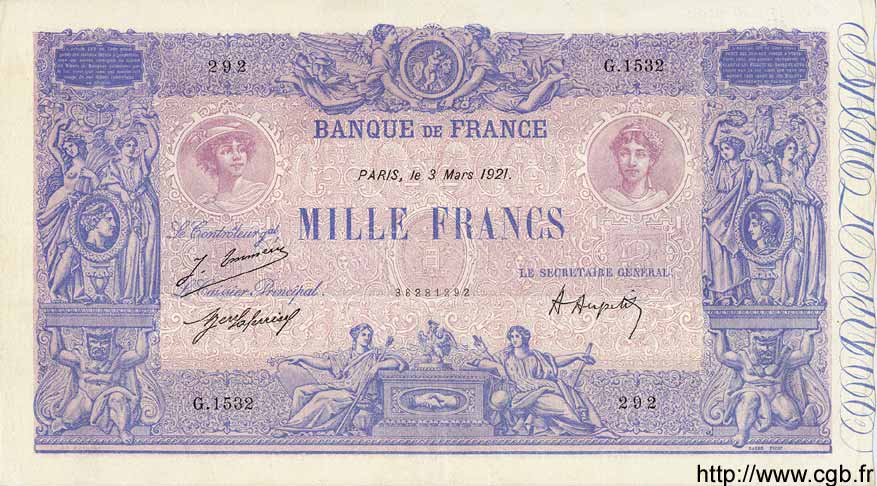 1000 Francs BLEU ET ROSE FRANCE  1921 F.36.37 SUP