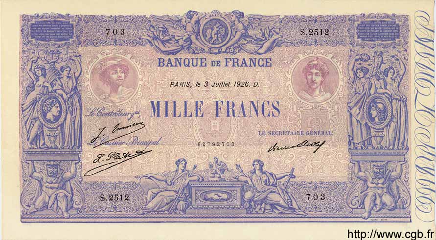1000 Francs BLEU ET ROSE FRANCE  1926 F.36.43 SPL+