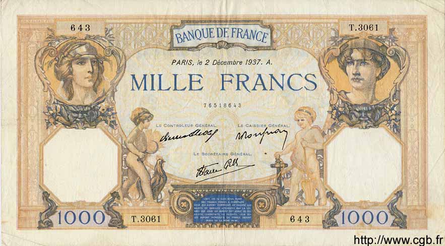 1000 Francs CÉRÈS ET MERCURE type modifié FRANCE  1937 F.38.05 TB+
