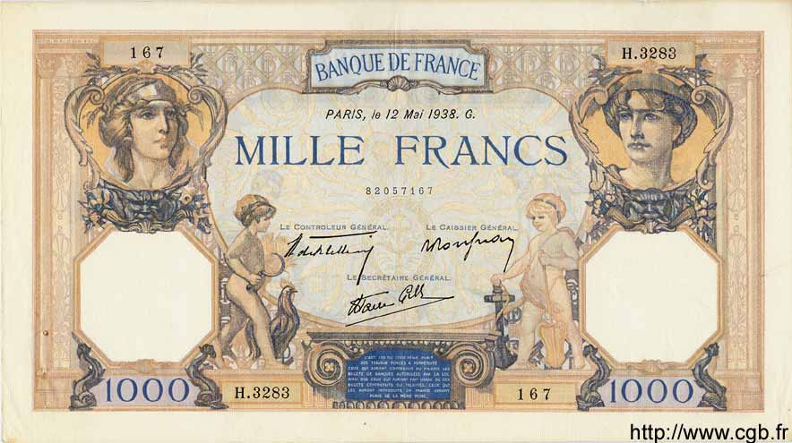 1000 Francs CÉRÈS ET MERCURE type modifié FRANCE  1938 F.38.14 SUP+