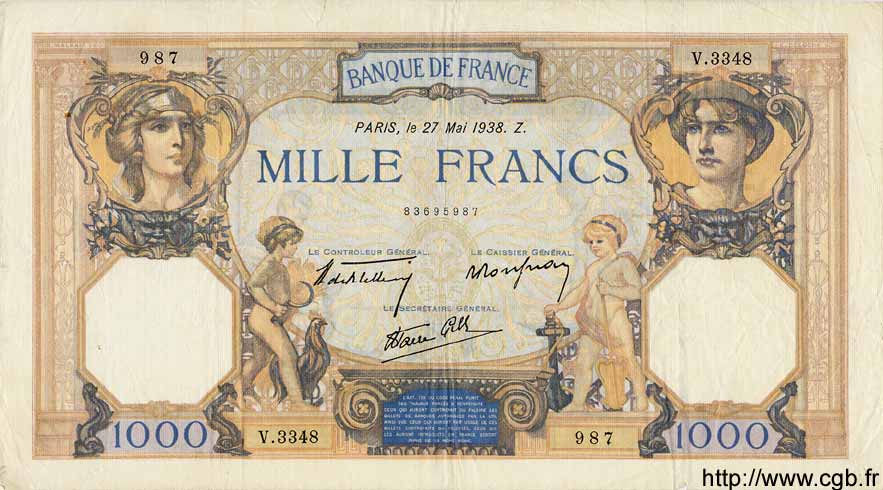 1000 Francs CÉRÈS ET MERCURE type modifié FRANCE  1938 F.38.16 TTB