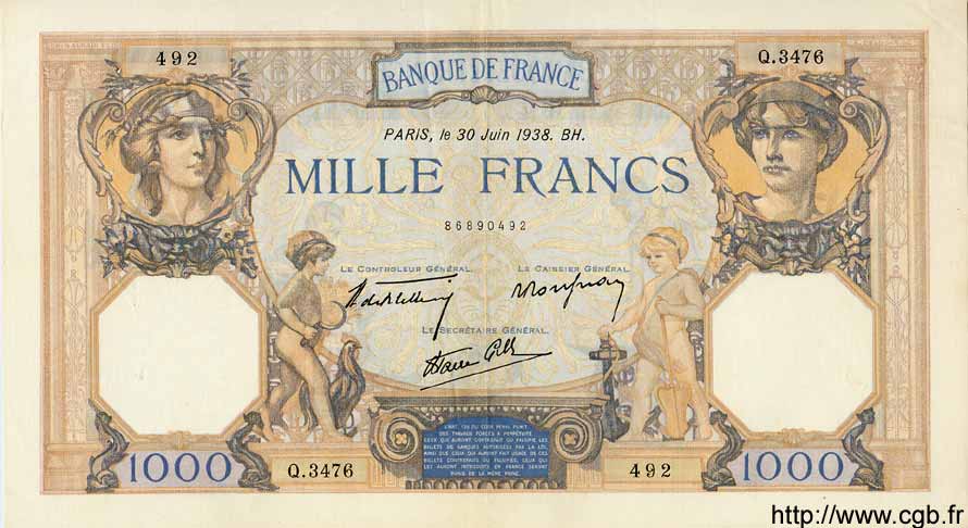 1000 Francs CÉRÈS ET MERCURE type modifié FRANCIA 1938 F.38.21 MBC+