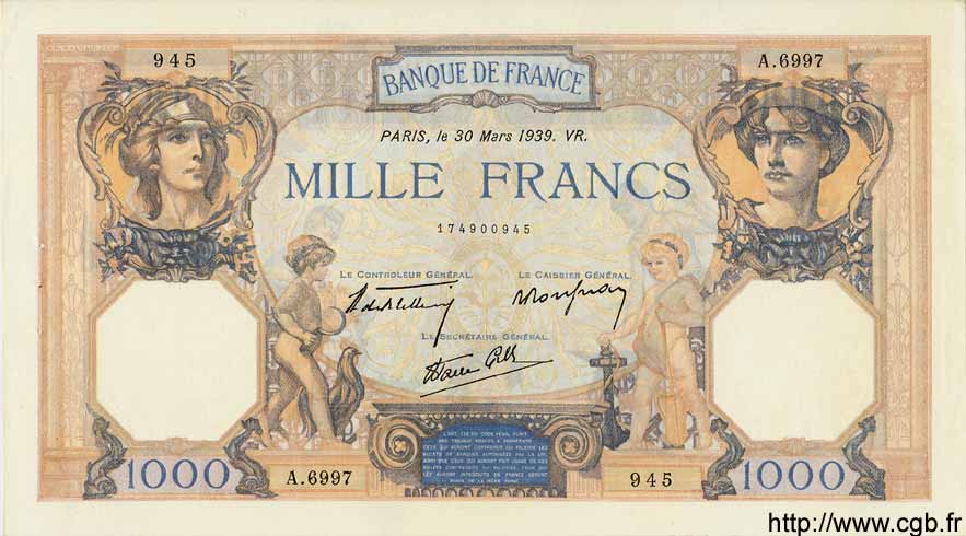 1000 Francs CÉRÈS ET MERCURE type modifié FRANCE  1939 F.38.35 SUP+ à SPL