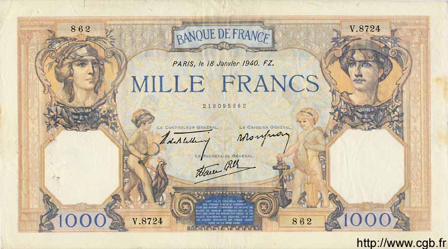 1000 Francs CÉRÈS ET MERCURE type modifié FRANCE  1940 F.38.41 TTB