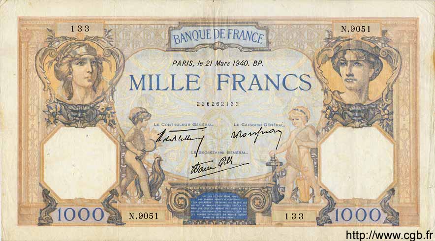 1000 Francs CÉRÈS ET MERCURE type modifié FRANCE  1940 F.38.44 pr.TTB