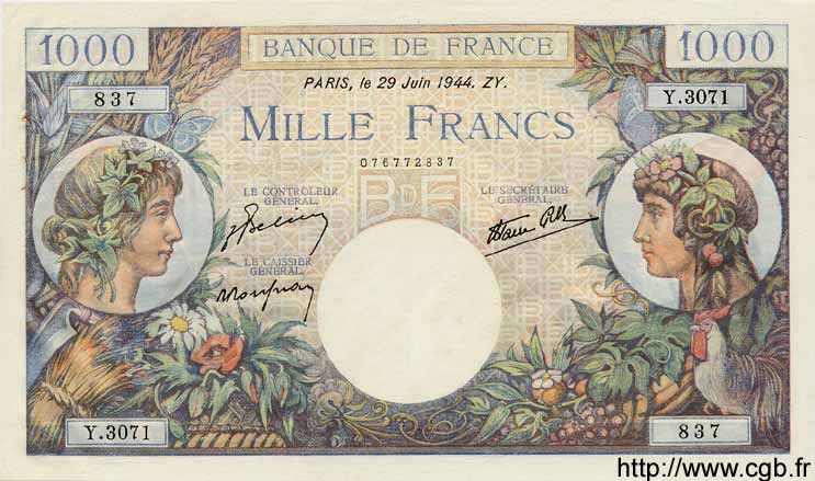 1000 Francs COMMERCE ET INDUSTRIE FRANCE  1944 F.39.09 pr.SPL