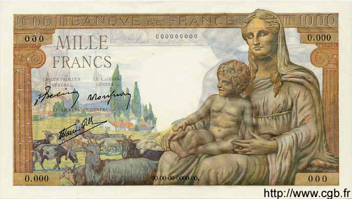 1000 Francs DÉESSE DÉMÉTER FRANCE  1942 F.40.01Sp pr.NEUF