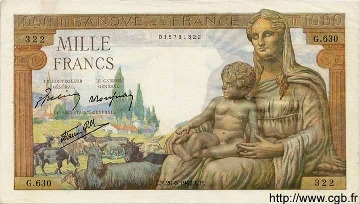 1000 Francs DÉESSE DÉMÉTER FRANCE  1942 F.40.03 TTB+