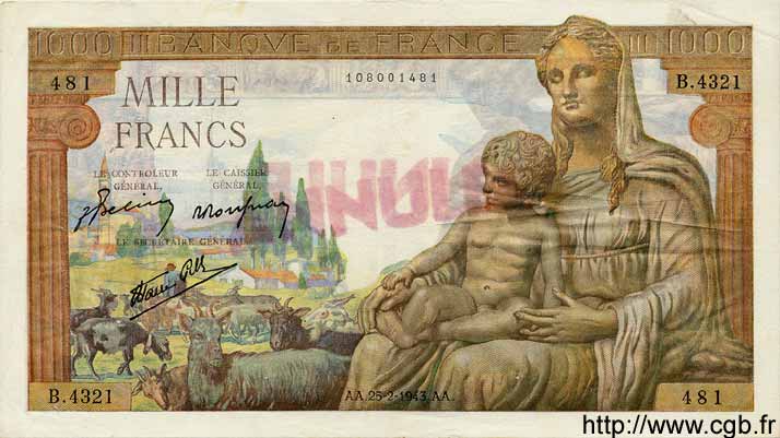 1000 Francs DÉESSE DÉMÉTER FRANCE  1943 F.40.20 TTB+