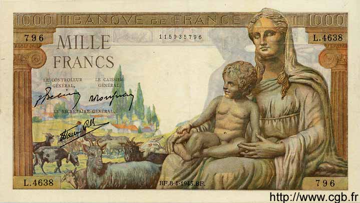 1000 Francs DÉESSE DÉMÉTER FRANCE  1943 F.40.21 TTB+