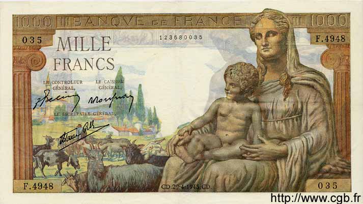 1000 Francs DÉESSE DÉMÉTER FRANCE  1943 F.40.22 SUP