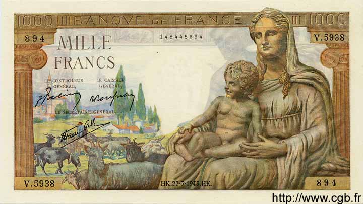 1000 Francs DÉESSE DÉMÉTER FRANCE  1943 F.40.25 pr.NEUF